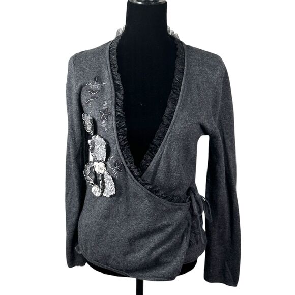 Cacharel Angora Blend Embroidered Grey Long Sleeve Wrap Blouse XS NEW - Picture 1 of 6